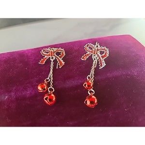 Dangling Christmas Bow With Bells Pierced Earrings